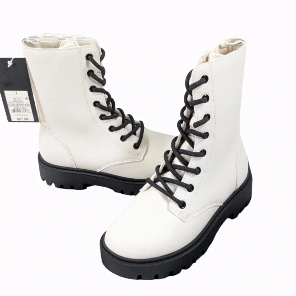 Art Class Combat Boots Khari Girls Sz 1 Cream Lace Up Zip Chunky New NIB